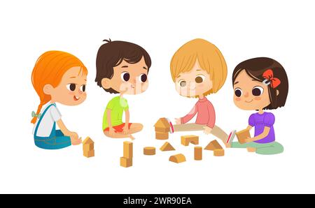 Smiling kids sit on floor in circle, play with toy cubes and talk. Children's entertainment, preschool and kindergarten activity concept. Vector illus Stock Vector