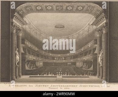 View of the hall of the new Amsterdam Theater on the Leidseplein, 1774, Image of the Nieuwen Amsterdamschen Schouwburg, seen from the stage, View of the hall of the Amsterdam Theater on the Leidseplein, inaugurated on September 15, 1774, seen from the stage. This city theater was built to replace the theater on the Keizersgracht that burned down in 1772 and burned down itself in 1890., print maker: Noach van der Meer (II), after own design by: Noach van der Meer (II), publisher: Gerrit Warnars, Amsterdam, 1774 - 1775, paper, etching, engraving, height 201 mm × width 266 mm Stock Photo