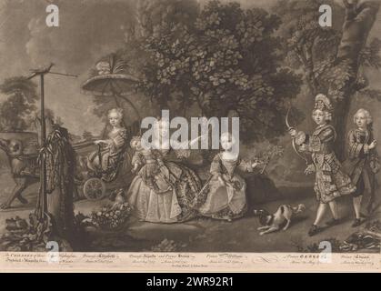 Portrait of Elisabeth Carolina, Princess of Wales, Augusta Frederick of Hanover, Henry Frederick, Duke of Cumberland and Strathearn, William Frederick of Gloucester, George III, King of England, and Edward of York, The Children of their Royal Highnesses / Frederick & Augusta Prince & Princess of Wales (title on object), The children of Frederick of Wales and Augusta of Saxe-Gotha at a young age., print maker: John Faber (II), after painting by: Barthélemy Dupan, 1745 - 1756, paper, etching, height 353 mm × width 502 mm, print Stock Photo