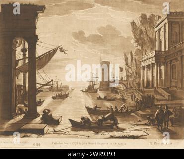 Seaport with the embarkation of the Queen of Sheba, Prints after drawings by Claude Lorrain (series title), Liber Veritatis. Or a Collection of Two Hundred Prints, after the original designs of Claude le Lorrain (...) (series title), print maker: Richard Earlom, after drawing by: Claude Lorrain, publisher: John Boydell, London, 1-Sep-1775, paper, etching, height 207 mm × width 258 mm, print Stock Photo