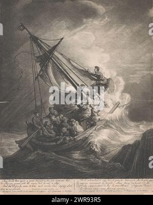 Christ in the storm on the Sea of Galilee, Christ sits on the left side of the boat and is awakened from his sleep by his disciples. With caption in English and French., print maker: Charles Exshaw, after own design by: Charles Exshaw, after painting by: Rembrandt van Rijn, Amsterdam, 1760, paper, etching, drypoint, height 648 mm, width 530 mm, print Stock Photo