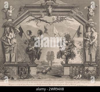 Allegory of war and peace, print maker: George Bickham (II), after drawing by: George Bickham (II), after painting by: Peter Paul Rubens, England, 1716 - 1771, paper, etching, height 531 mm × width 631 mm, print Stock Photo