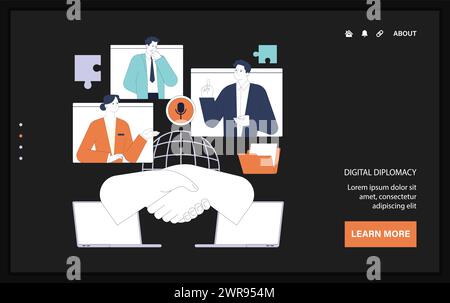Political action web or landing. Diverse people involved in global sustainable development. Digital diplomacy and multicultural cooperation. Flat vector illustration. Stock Vector