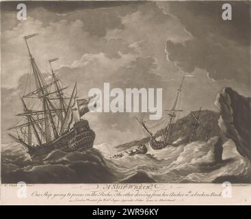 Navy ships in a storm on the coast, A Ship Wreck (title on object), Text in English in the bottom margin. Numbered: 5., print maker: Richard Houston, after painting by: Willem van de Velde, publisher: Robert Sayer, London, 1745 - 1794, paper, etching, height 253 mm × width 314 mm, print Stock Photo