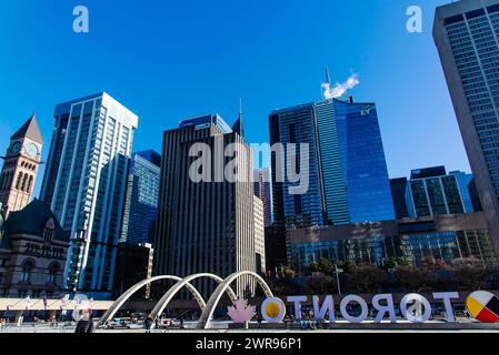 Niagara, Canada - March 7 2024: City scape of Toronto Downtown in Nathan Phillips Square Stock Photo