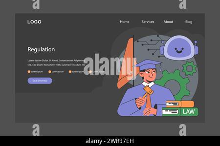 AI ethics dark or night mode web, landing. Artificial intelligence alignment and development regulated by law. Governance, security and normative control. Flat vector illustration Stock Vector