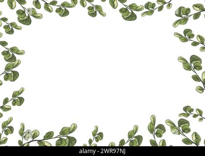 Green watercolor leaves and branches banner wreath, hand drawn botany frame Template for wedding invitation or cards, vector background Stock Vector