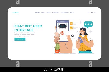 Chat Bot User Interface web or landing. Woman interacts with digital assistant, navigating through the chatbot's streamlined features. Seamless communication, on-the-go solutions. Flat vector Stock Vector