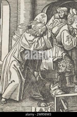 Expulsion of the money changers from the temple, The Little Passion (series title), Christ drives the money changers and traders out of the temple with a whip. A bank has fallen over and coins are on the floor. Print is part of a book., print maker: Jacob Cornelisz van Oostsanen, publisher: Doen Pietersz., Amsterdam, 1523, paper, height 112 mm × width 78 mm, height 141 mm × width 98 mm, print Stock Photo