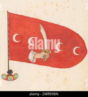 Flag of a North African state, Flag of a North African Islamic state. Red flag with a hand holding a scimitar between four crescents, with a rounded flight side. Flag on flagpole and mast base. Shown on folio 130r. Part of a flag book with flags from Europe, North Africa, the Near and Far East., draughtsman: anonymous, France, 1667 - 1670, paper, pen, brush, height 265 mm × width 190 mm, drawing Stock Photo