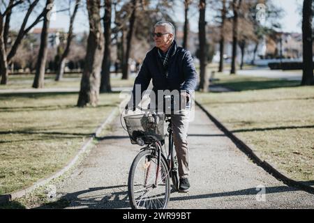 An active senior man with sunglasses rides a bicycle along a peaceful park path on a sunny day, embodying health and leisure in retirement. Stock Photo