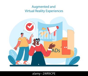 Marketing 5.0 concept. Immersive augmented and virtual reality experiences transform consumer interactions with digital ads. Flat vector illustration. Stock Vector