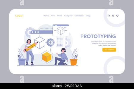Prototyping web or landing page. Designers develop and refine 3D models, employing creativity and precision in the early stages of product creation. Vector illustration. Stock Vector