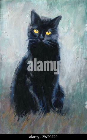 Black cat with yellow eyes sits, whole silhouette. Oil painting on canvas. Impression, light background, narrowed color range, pastel bright colors Stock Photo