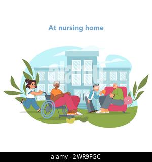 Senior care concept. Youthful volunteers sharing time and joy with elders at nursing home. Bridging generations through compassion and conversation. Helping older people in need. Vector illustration Stock Vector