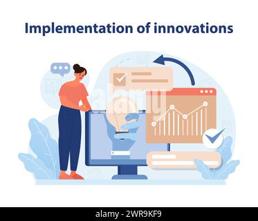 Innovation Implementation. A crisp vector illustration depicting a professional executing new strategies, symbolizing the application of innovative ideas in business. Flat vector illustration. Stock Vector