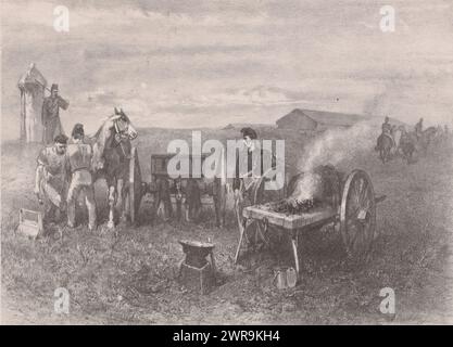 Military farrier in the field, on the right is the forge on wheels, next to it is a soldier. On the left two men shoe a horse tied to a cart. In the center is an anvil., print maker: Hendrik Adriaan Christiaan Dekker, after design by: Charles Rochussen, printer: Emrik & Binger, print maker: Amsterdam, printer: Haarlem, 1846 - 1892, paper, height 270 mm × width 360 mm, print Stock Photo