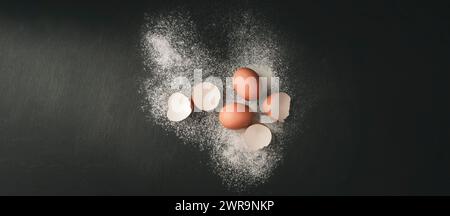 Flour and eggs: Ingredients for cooking many dishes. Kitchen background. Bakery products. Chicken egg broken among other eggs. Brown eggs and egg yolk Stock Photo