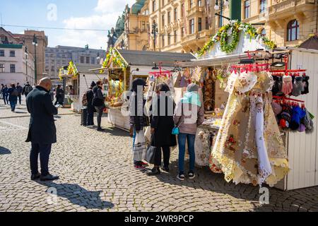 Prague, Czech republic - April 6, 2023: People on Easter market near shopping centre Palladium in Prague Stock Photo