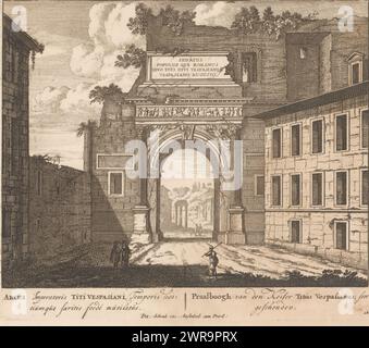 View of the Arch of Titus, in Rome, Arch of the Emperor Titus Vespasianus; seer violated / Arcus imperatoris Titit Vespasiani temporis hostiumque (...) (title on object), Numbered bottom right: 16., print maker: anonymous, publisher: Pieter Schenk (I), Staten van Holland en West-Friesland, Amsterdam, 1705, paper, etching, engraving, height 167 mm × width 195 mm, print Stock Photo