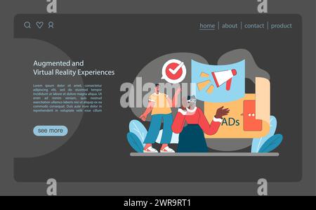 Marketing 5.0 concept. Immersive augmented and virtual reality experiences transform consumer interactions with digital ads. Flat vector illustration. Stock Vector