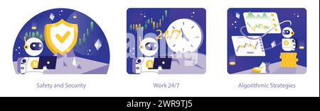 Trading and Crypto Bot set. Cryptocurrency bot interface demonstrates safeguarded transactions, uninterrupted market engagement, and strategic trading algorithms. Vector illustration. Stock Vector