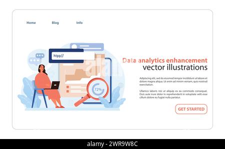 Data Analytics Enhancement. Professional analyzing data trends and metrics for strategic retail insights. Flat vector illustration. Stock Vector