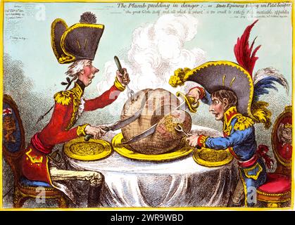 The Plumb-pudding in danger, or, State epicures taking un petit souper.  James Gillray .  26 February 1805. Stock Photo