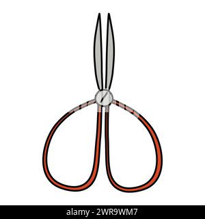 Doodle style metal scissors with red handles, for gardening, hobby or crafting, vector illustration Stock Vector