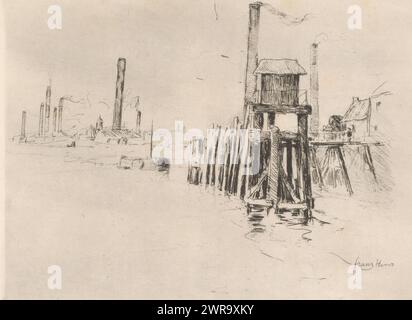 Industrial harbor with chimneys and a tower in the water, print maker: Frans Hens, 1866 - 1910, paper, etching, height 160 mm × width 208 mm, print Stock Photo