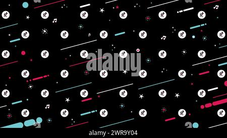 Tik Tok background banner with emojis. Pattern TikTok logo with a modern design of colored stripes over a black background. Vector illustration. Stock Vector