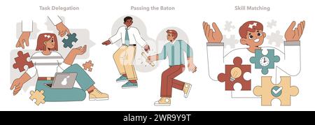 Task Delegation concept set. Illustrations of a productive team engaging in efficient task assignment and skills application. Vector illustration. Stock Vector