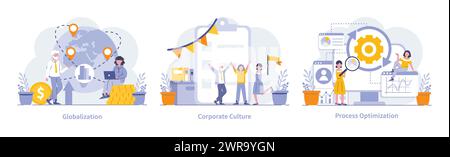 Sustainability and operational processes set. Globalization influence, fostering corporate culture, and enhancing process optimization. Streamlining business practices for global efficiency. Stock Vector