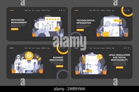Marketing and customer focus night or dark mode web or landing page set. Reputation management, technological integration, business innovation, and corporate responsibility. Vector illustration. Stock Vector