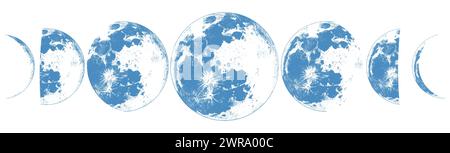 The Phases Of The Moon Are Shown In Blue On A White Background Stock Vector