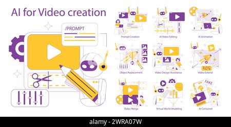 A set of icons for video creation with a pencil featuring purple, magenta and violet colors in urban design, engineering, parallel lines, rectangle patterns and font styles Stock Vector