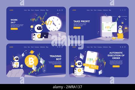 Trading and Crypto Bot night or dark mode web or landing page set. Featuring the continuous operation of bots, profit execution strategies, and automated order processing. Stock Vector