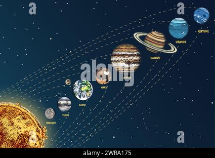 The Planets Of The Solar System Are Lined Up In A Row. Moon and the sun, mercury and earth, mars and venus, jupiter. Astronomical galaxy space Stock Vector