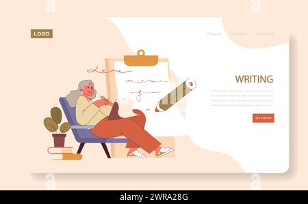 Retirees' Activities concept. A senior woman finds joy in writing, her imagination flowing onto paper. Creative expression and storytelling in later life. Stock Vector