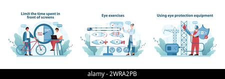 Digital Eye Strain Prevention Set. Illustrations encouraging screen time management, regular eye exercises, and use of protective gear. Flat vector illustration. Stock Vector