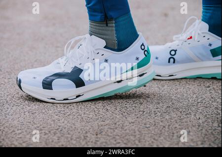GENEVA, SWITZERLAND, MARCH 10. 2023: On Cloudboom Echo 3, Swiss sport company On super shoes with carbon plate, fast racing shoe for the road long dis Stock Photo