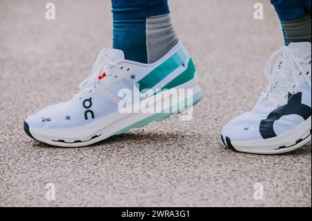 GENEVA, SWITZERLAND, MARCH 10. 2023: On Cloudboom Echo 3 Running Shoes. High Speed Racing Carbon Plated Marathon Footwear Stock Photo
