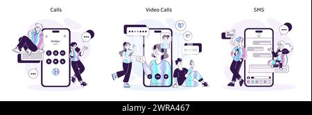 Smartphone Interaction trio. Seamless connectivity across voice calls, video chats, and text messages. Everyday communication digitized. Vector illustration Stock Vector