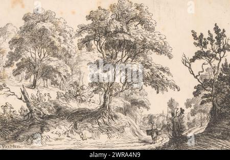 Landscape with a man on a donkey, print maker: Sauveur Legros, after design by: Daniël van Heil, 1790, paper, etching, height 127 mm × width 189 mm, print Stock Photo