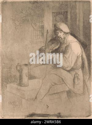 Musician plays violin, print maker: Henri Leys (baron), 1825 - 1869, paper, etching, drypoint, height 104 mm × width 81 mm, print Stock Photo