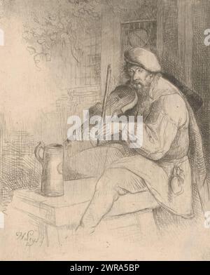 Musician plays violin, print maker: Henri Leys (baron), 1825 - 1869, paper, etching, drypoint, height 104 mm × width 81 mm, print Stock Photo