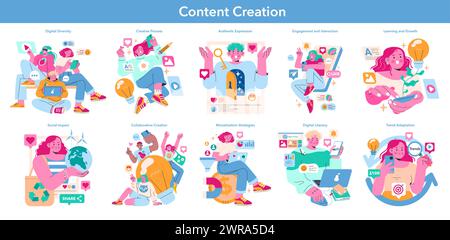 Create engaging content with a variety of colorful icons including product, world, font, pattern, circle, in electric blue and magenta. Use graphics and screenshots for added impact Stock Vector
