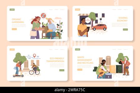 Sustainability set. Fostering community with organic gardening. Advancing car sharing in urban spaces. Promoting eco-friendly transportation options. Championing waste management and recycling. Stock Vector