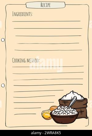 Recipe page template for a cookbook. Bright vector illustration of a bag of flour, eggs, cottage cheese. Place for text. Stock Vector