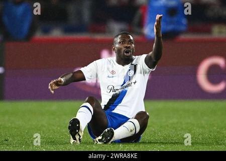 Marcus Thuram of FC Internazionale gestures during the Serie A match between Bologna FC and FC Internazionale at Stadio Renato Dall'Ara Bologna Italy Stock Photo